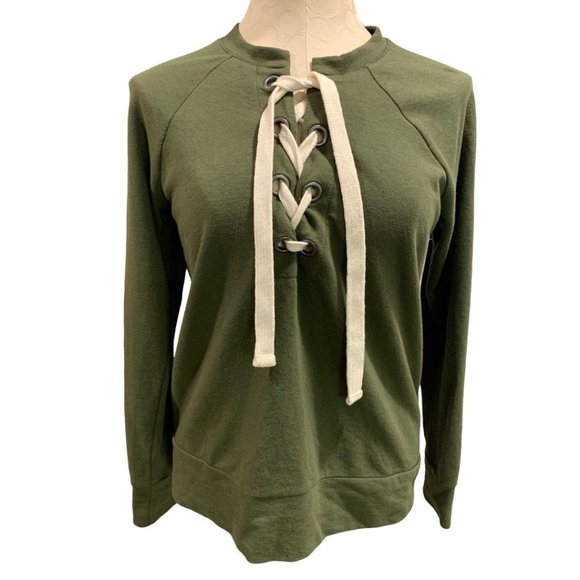 XS A.N.A. Women's Olive Green Lace Up Neckline Lightweight Sweatshirt - Picture 2 of 8